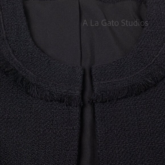 Karl Lagerfeld París Tweed Frayed Fringe Jacket Black Sz Large - Picture 5 of 8